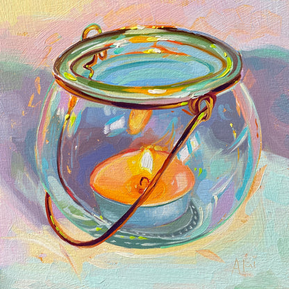 Original oil painting by Alai Ganuza titled "Candle II". A glowing orange tea light candle inside a round glass jar with a metal handle, set against a textured lavender and light blue background.