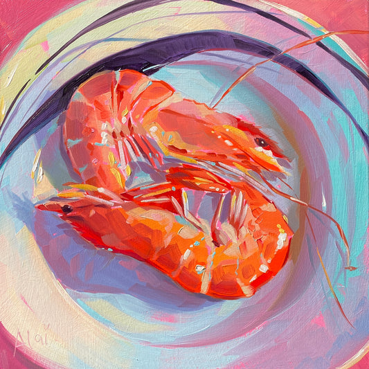 Original oil painting by Alai Ganuza titled "Shrimps". Two bright orange and red shrimps resting on a light blue and lavender plate, set against a vibrant pink background.