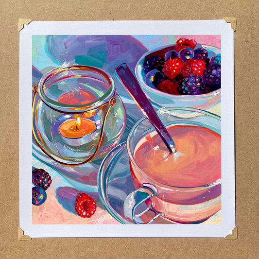 Cuenco de vela, café y frutos rojos - Impresión de pintura al óleo