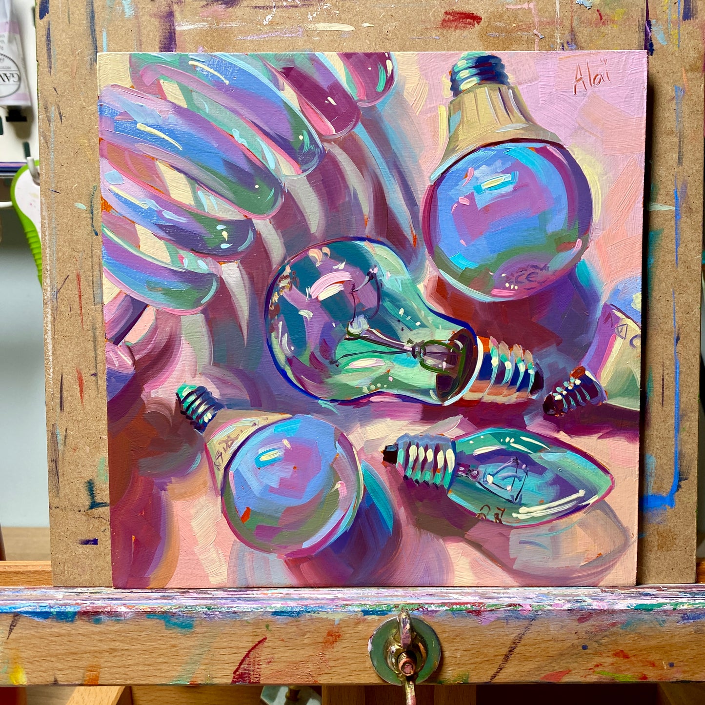 Lightbulbs V - Original Oil Painting - Iridescent Glass Art - 8 inches