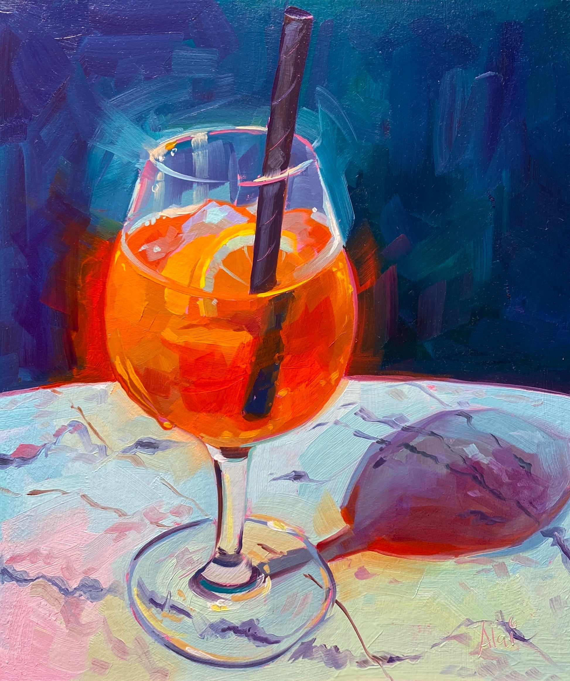 Original oil painting by Alai Ganuza titled "Fire and Straw". A stemmed glass filled with glowing orange liquid, ice, and an orange slice, featuring a black straw, set against a deep blue background.