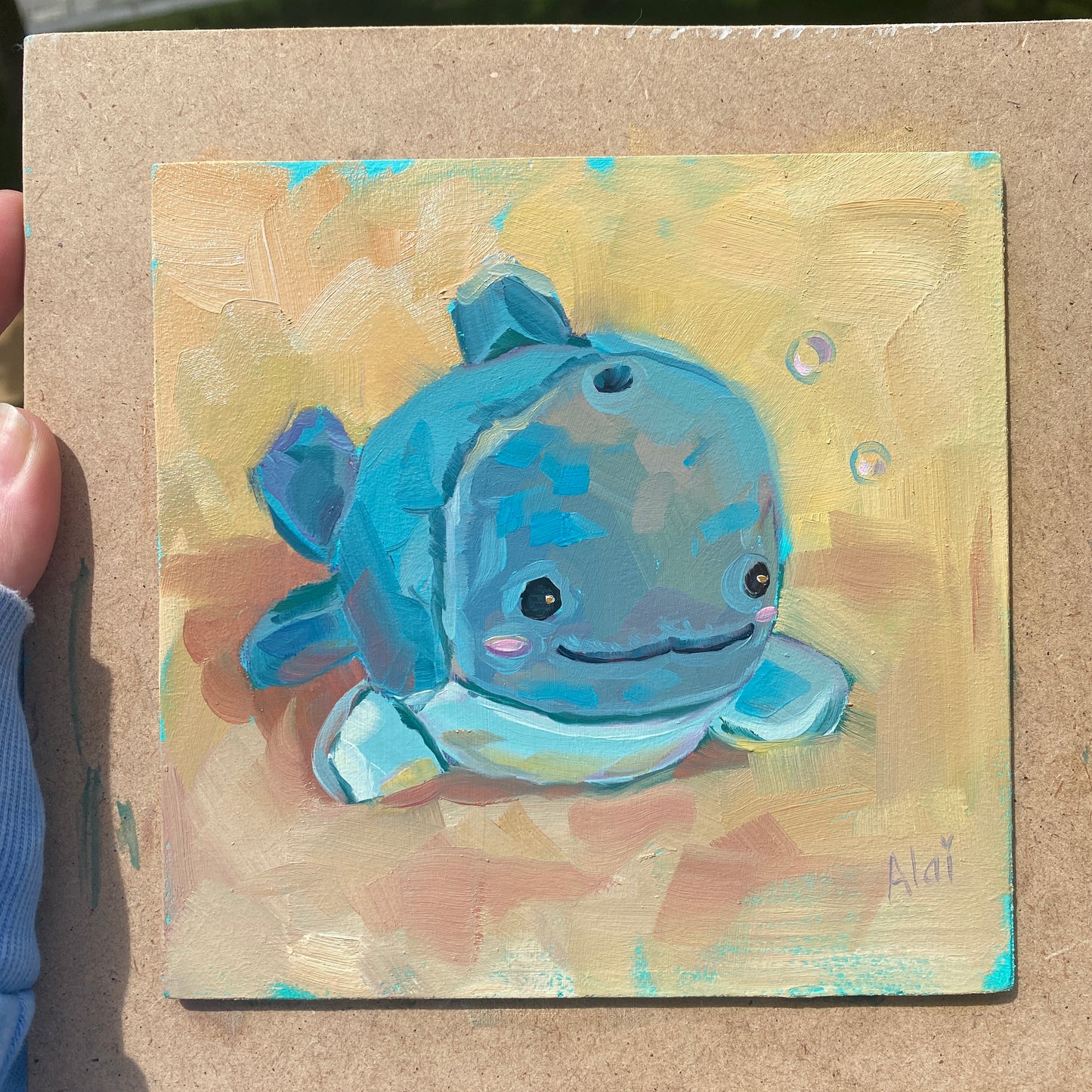 Dolphin plushie - Original Oil Painting - 6x6 inches