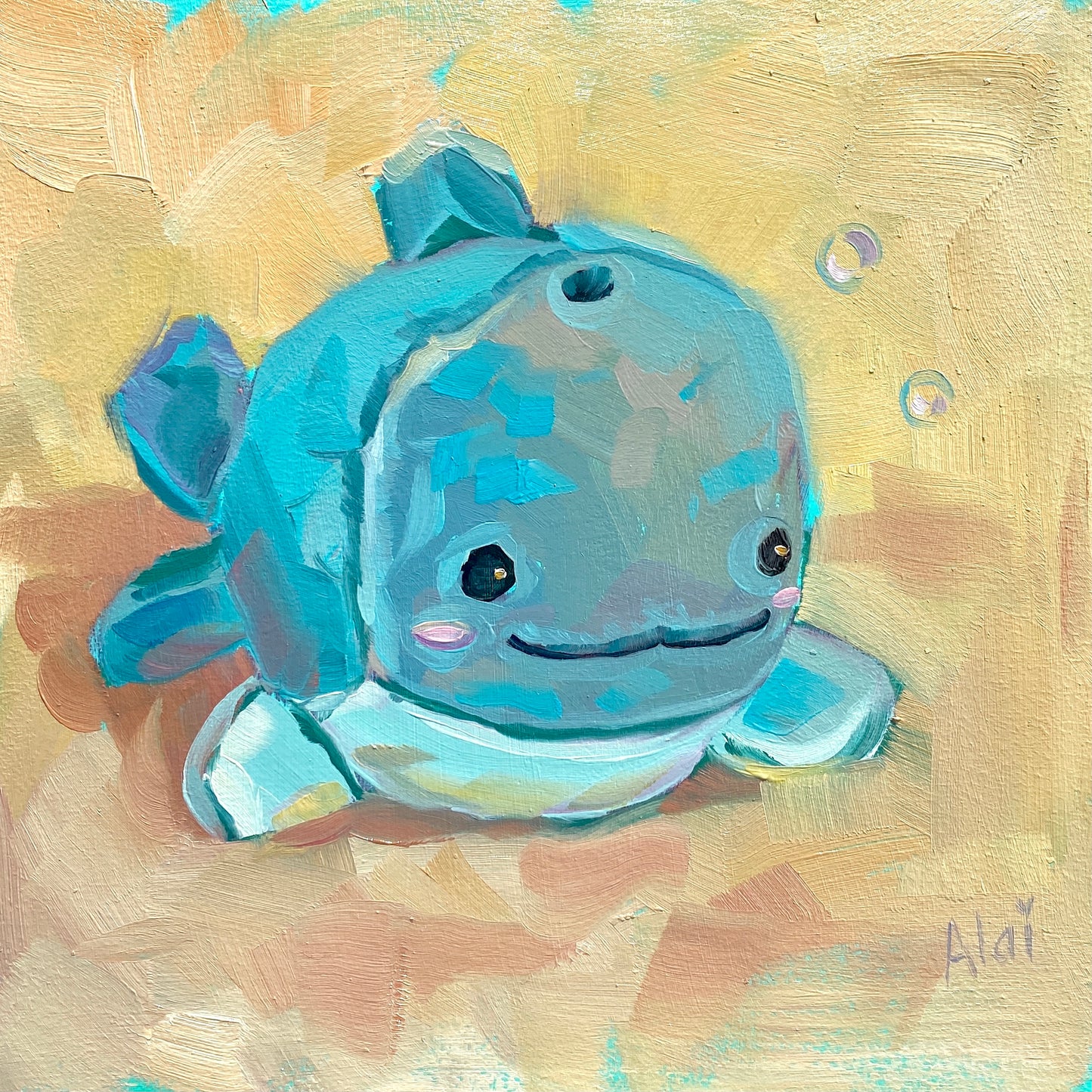 Original oil painting by Alai Ganuza titled "Dolphin plushie". A cute teal and blue dolphin toy with big black eyes and pink blush, rendered in thick impasto on a sandy yellow background with floating bubbles.
