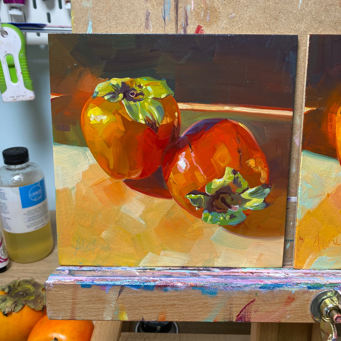 Persimmons (Realistic) - Original Oil Painting - Fruit Wall Art - 6 inches