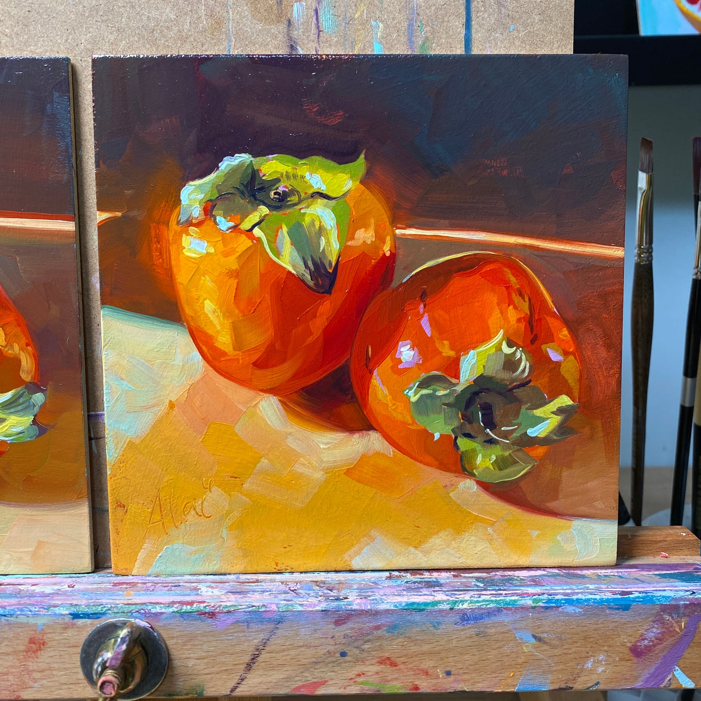 Persimmons (Vibrant) - Original Oil Painting - Fruit Wall Art - 6 inches
