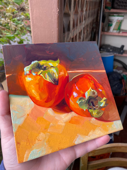Persimmons (Vibrant) - Original Oil Painting - Fruit Wall Art - 6 inches