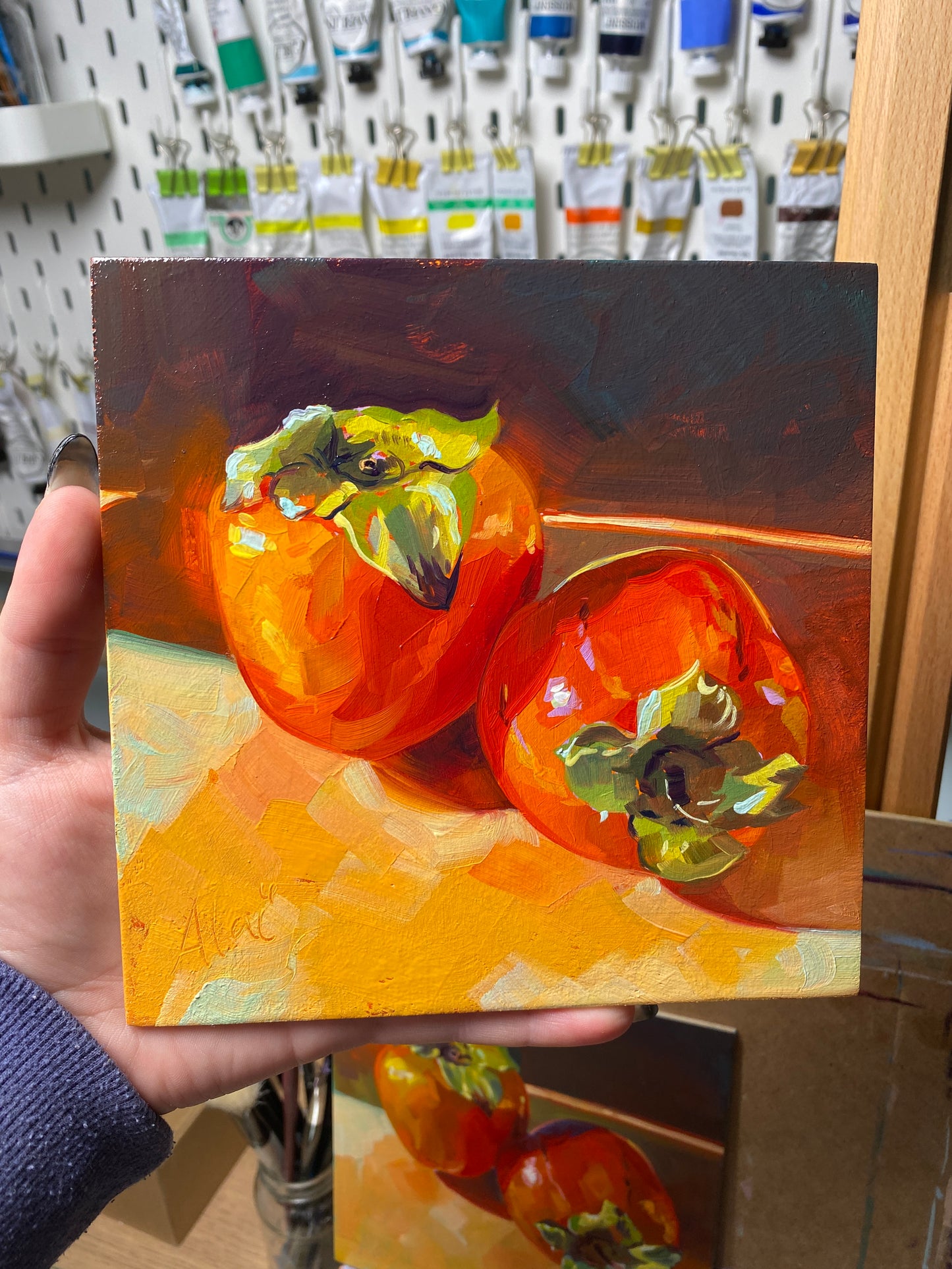 Persimmons (Vibrant) - Original Oil Painting - Fruit Wall Art - 6 inches