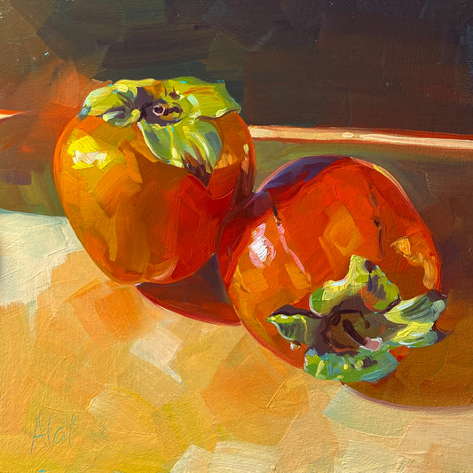 Original oil painting by Alai Ganuza titled "Persimmons (Realistic)". Two glossy orange persimmons with green tops painted with natural, deep tones on a square wood panel with a teal underpainting.