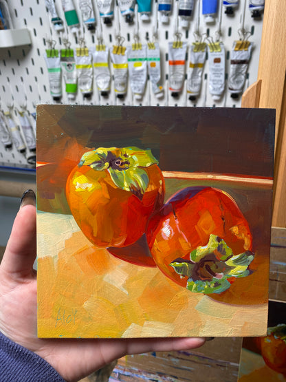 Persimmons (Realistic) - Original Oil Painting - Fruit Wall Art - 6 inches
