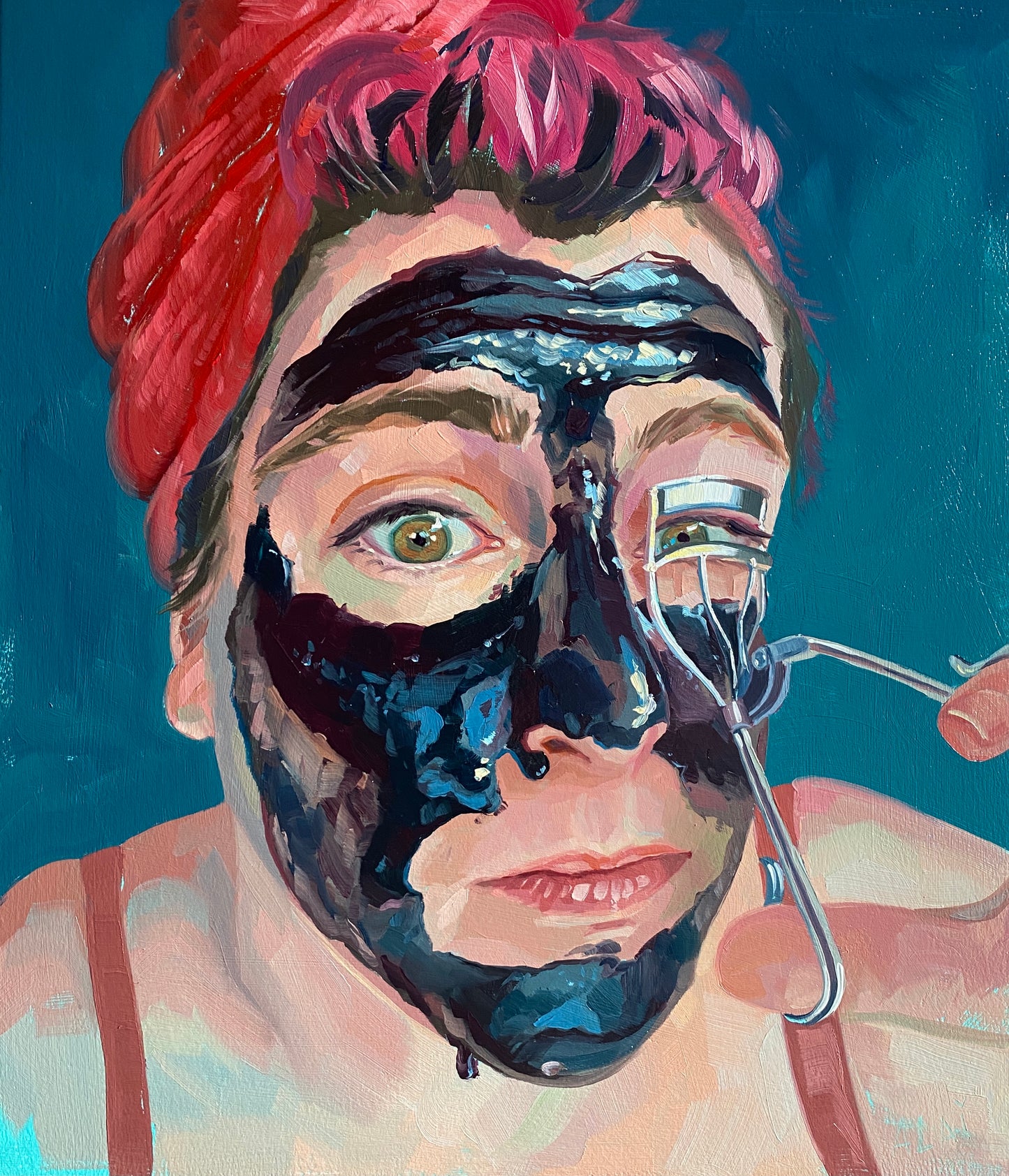 Original oil self-portrait by Alai Ganuza titled "Self care IV". Alai is depicted with a glossy black face mask, a red headwrap, and using an eyelash curler against a deep teal background with expressive impasto strokes.