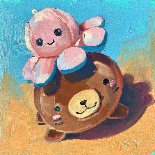 Original oil painting by Alai Ganuza titled "Ms. otter and her hat plushie". A brown otter plushie with a pink octopus plushie on its head, rendered in thick impasto on a sandy yellow background with a teal sky.