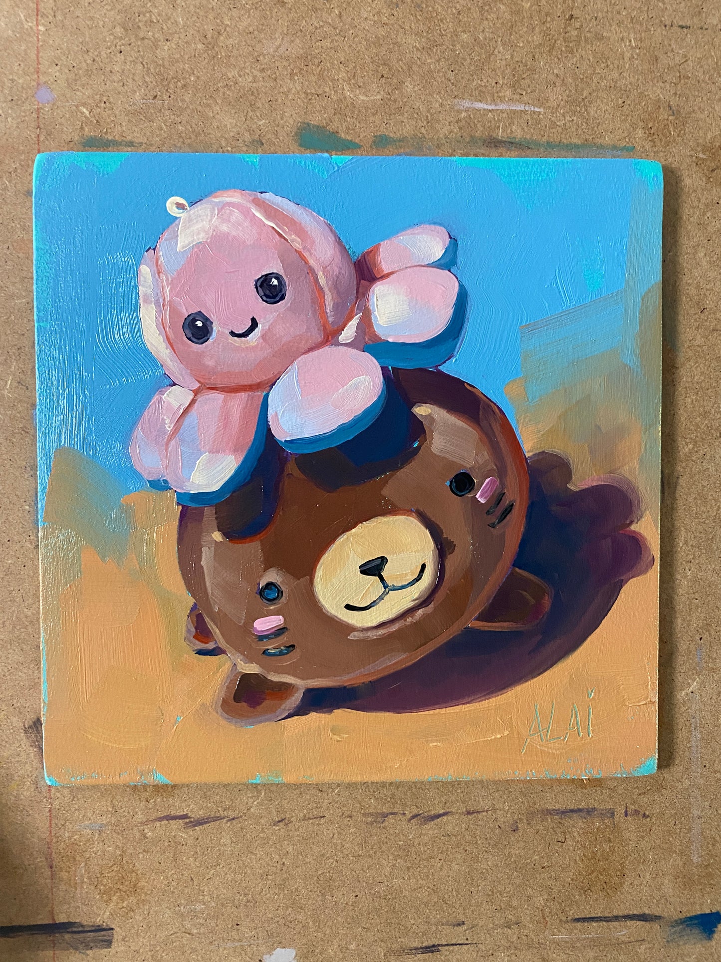 Pintura al óleo Sra. nutria y su sombrero de peluche