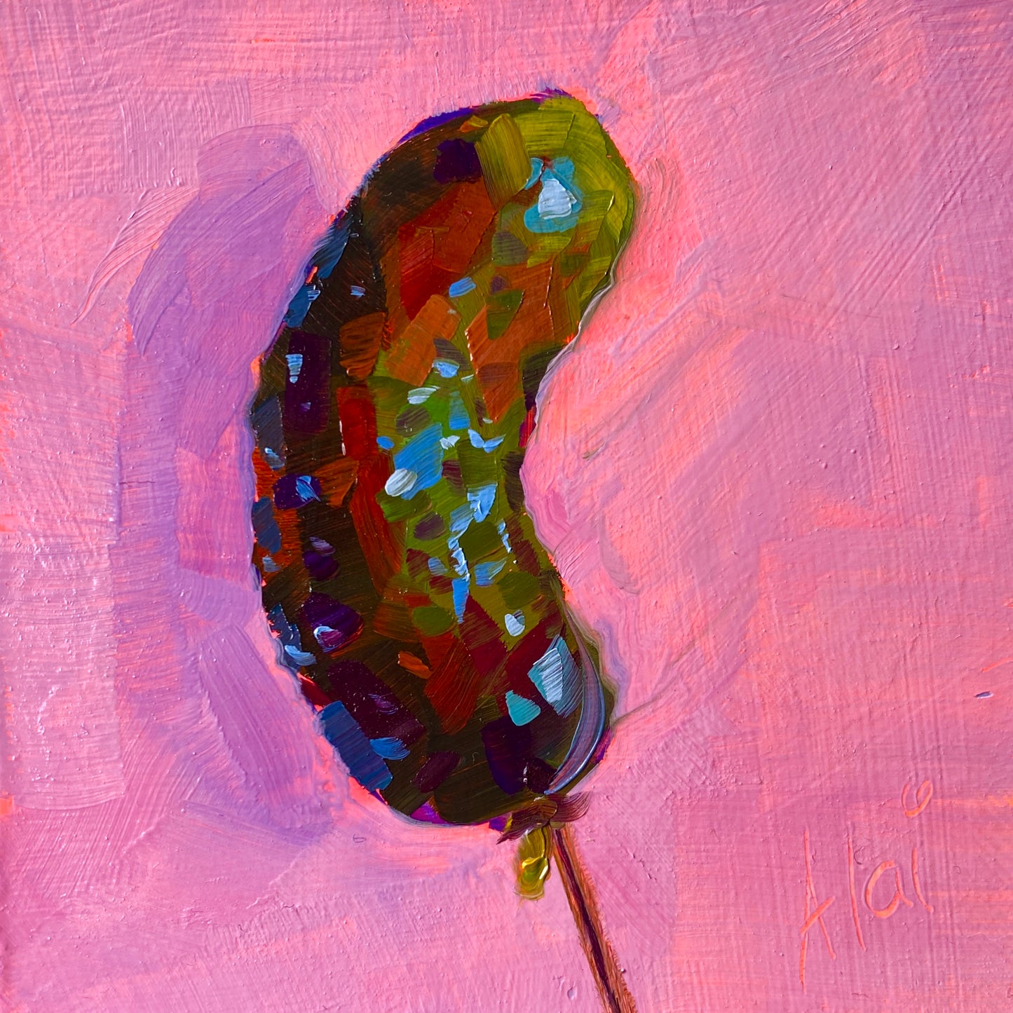 Original oil painting by Alai Ganuza titled "Pickle". A single green pickle on a stick, rendered with thick, colorful brushstrokes, set against a bright pink background on a square wood panel.