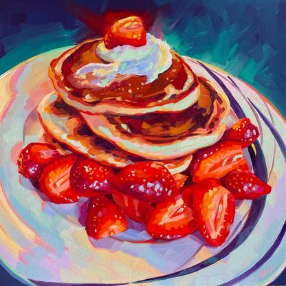 Original oil painting by Alai Ganuza titled "Pancakes and Strawberries II". A stack of golden pancakes topped with whipped cream and syrup, surrounded by sliced red strawberries on a white plate against a dark teal background.