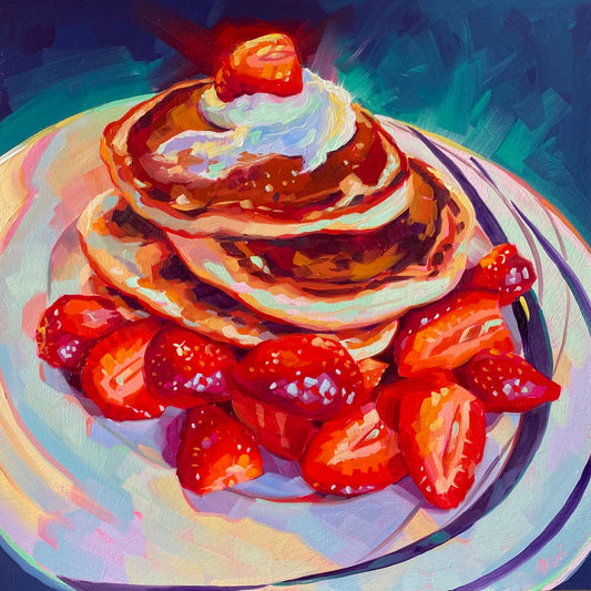 Original oil painting by Alai Ganuza titled "Pancakes and Strawberries II". A stack of golden pancakes topped with whipped cream and syrup, surrounded by sliced red strawberries on a white plate against a dark teal background.