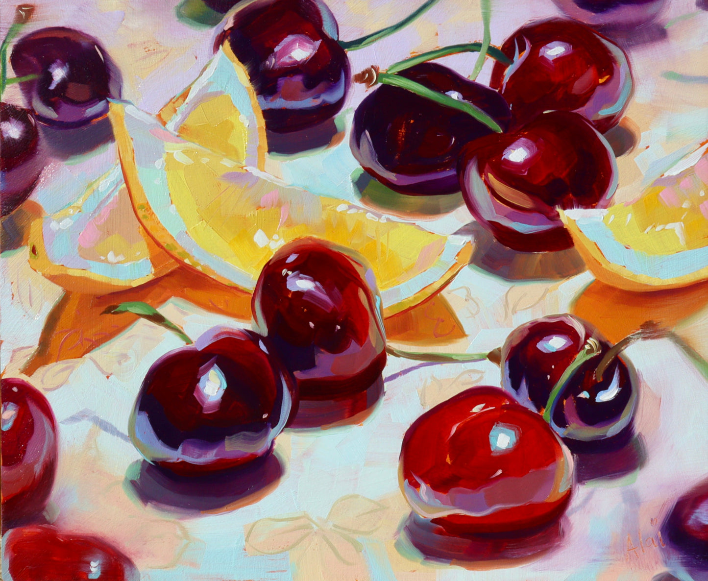 Original oil painting by Alai Ganuza titled "Lemons and cherries". Scattered glossy dark red cherries with bright highlights and several yellow lemon wedges on a textured light surface with vibrant orange and purple shadows.