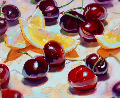 Original oil painting by Alai Ganuza titled "Lemons and cherries". Scattered glossy dark red cherries with bright highlights and several yellow lemon wedges on a textured light surface with vibrant orange and purple shadows.
