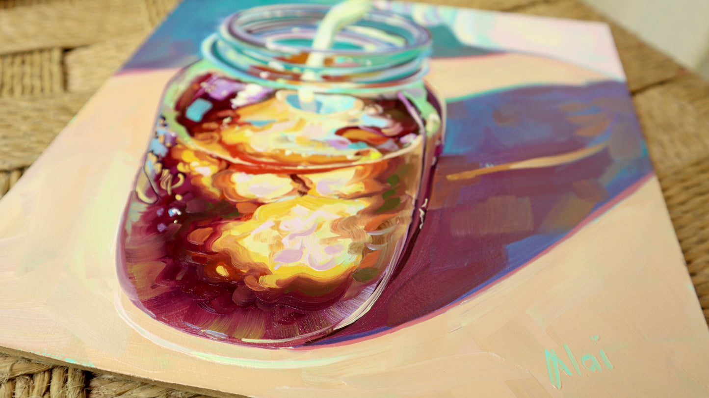 Pintura al óleo del tarro de masón del café