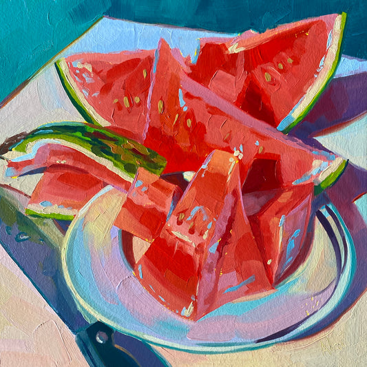 Original oil painting by Alai Ganuza titled "Blue watermelon". Slices of bright red watermelon with seeds resting on a lavender plate, featuring a dark teal background and rendered in thick, sculptural impasto.