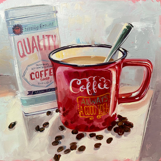 Original oil painting by Alai Ganuza titled "Coffee". A vibrant red mug with "Coffee ALWAYS A GOOD IDEA" text, a silver spoon, a coffee tin, and scattered beans, rendered in thick impasto on a white surface.