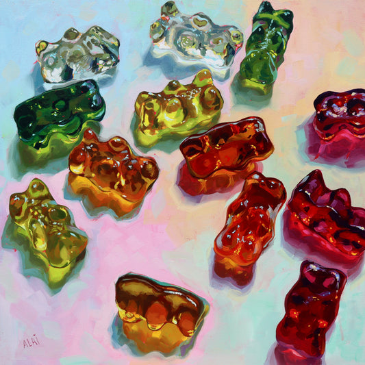 Original oil painting by Alai Ganuza titled "Gummy bear". A collection of vibrant green, yellow, orange, and red translucent gummy bears scattered on a textured pastel pink and blue background, casting colorful, glowing shadows.