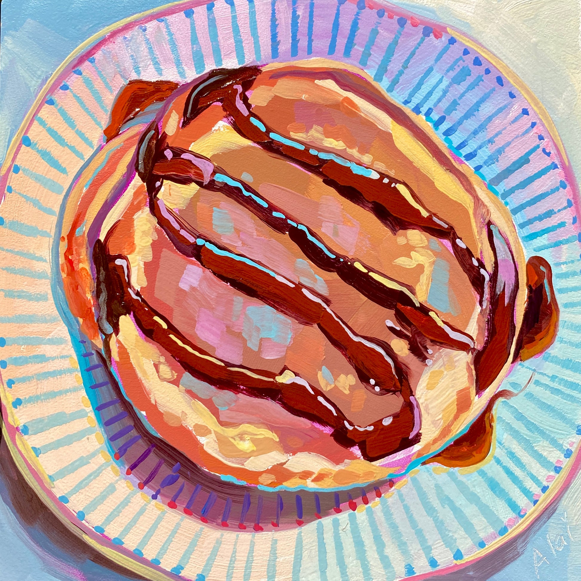 Original oil painting by Alai Ganuza titled "Pancake". A single, thick, fluffy golden-brown pancake generously drizzled with dark, glossy syrup, resting on a light blue and purple striped plate with a pink dotted rim, set against a soft light blue background.