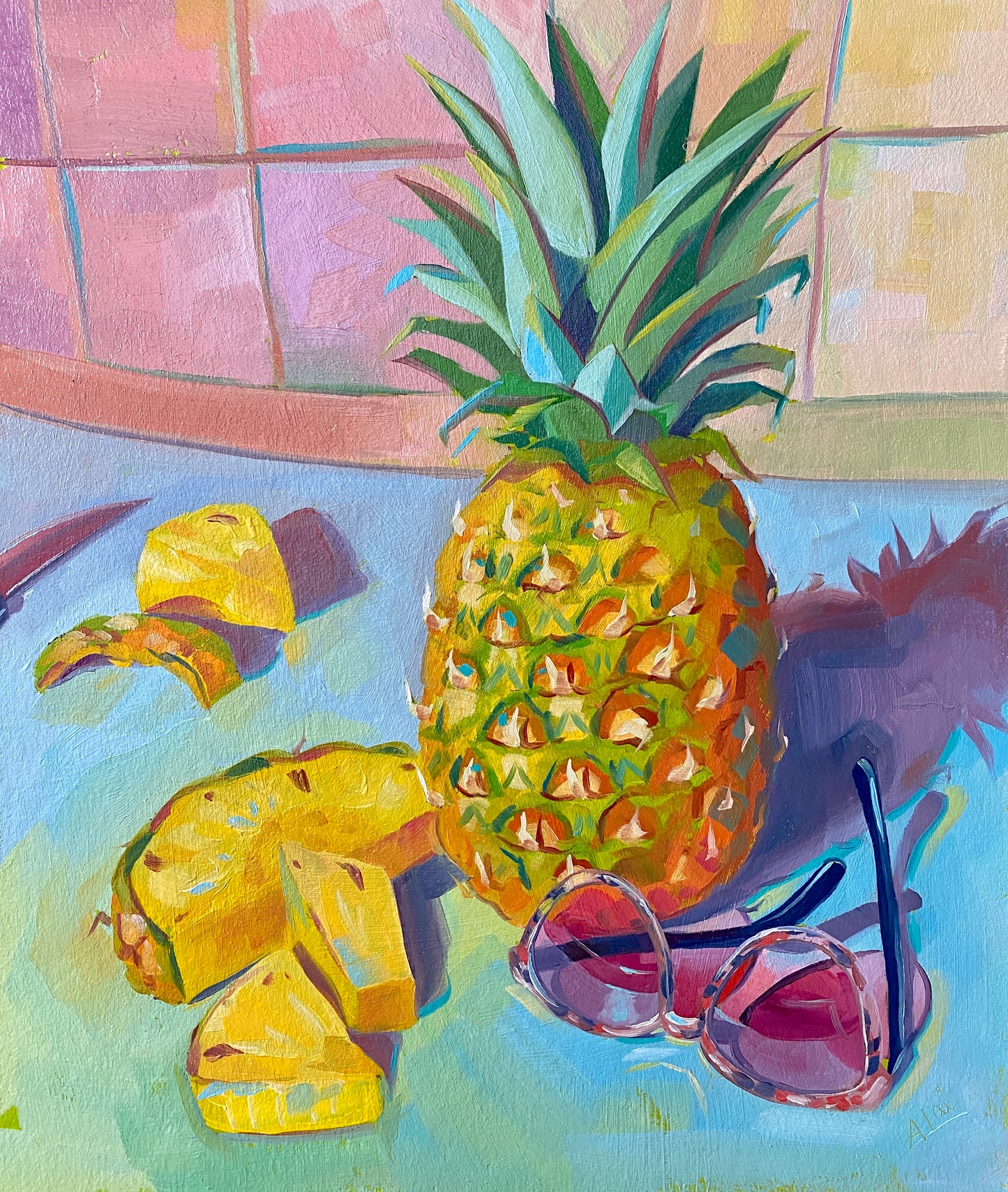 Pintura al óleo de piña y gafas de sol.