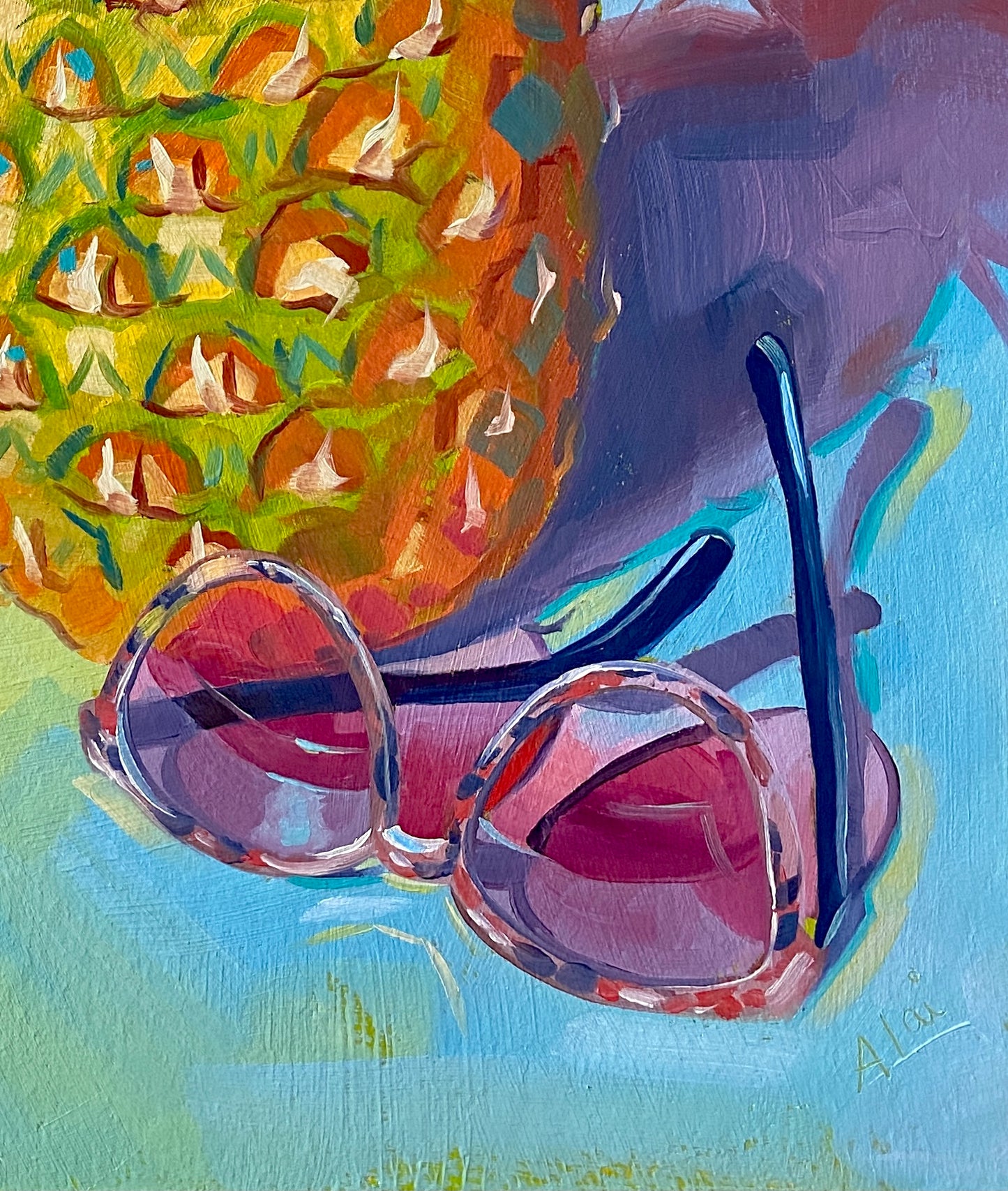Pintura al óleo de piña y gafas de sol.
