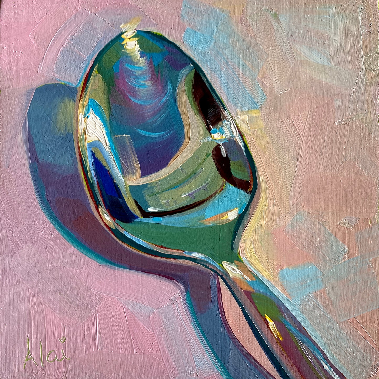Original oil painting by Alai Ganuza titled "Little spoon". A metallic spoon rendered in thick impasto with vibrant teal, purple, and yellow reflections, casting a deep teal shadow on a pink background.