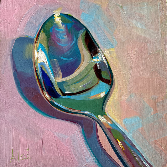 Original oil painting by Alai Ganuza titled "Little spoon". A metallic spoon rendered in thick impasto with vibrant teal, purple, and yellow reflections, casting a deep teal shadow on a pink background.
