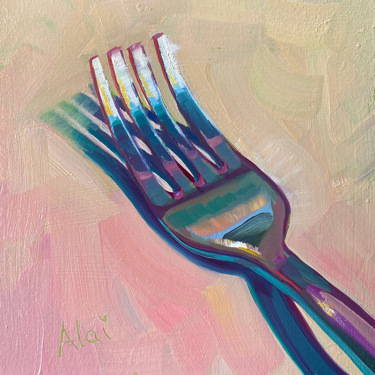 Original oil painting by Alai Ganuza titled "Little fork". A metallic fork rendered in thick impasto with vibrant teal, purple, and blue reflections, casting a deep purple shadow on a pink and cream background.