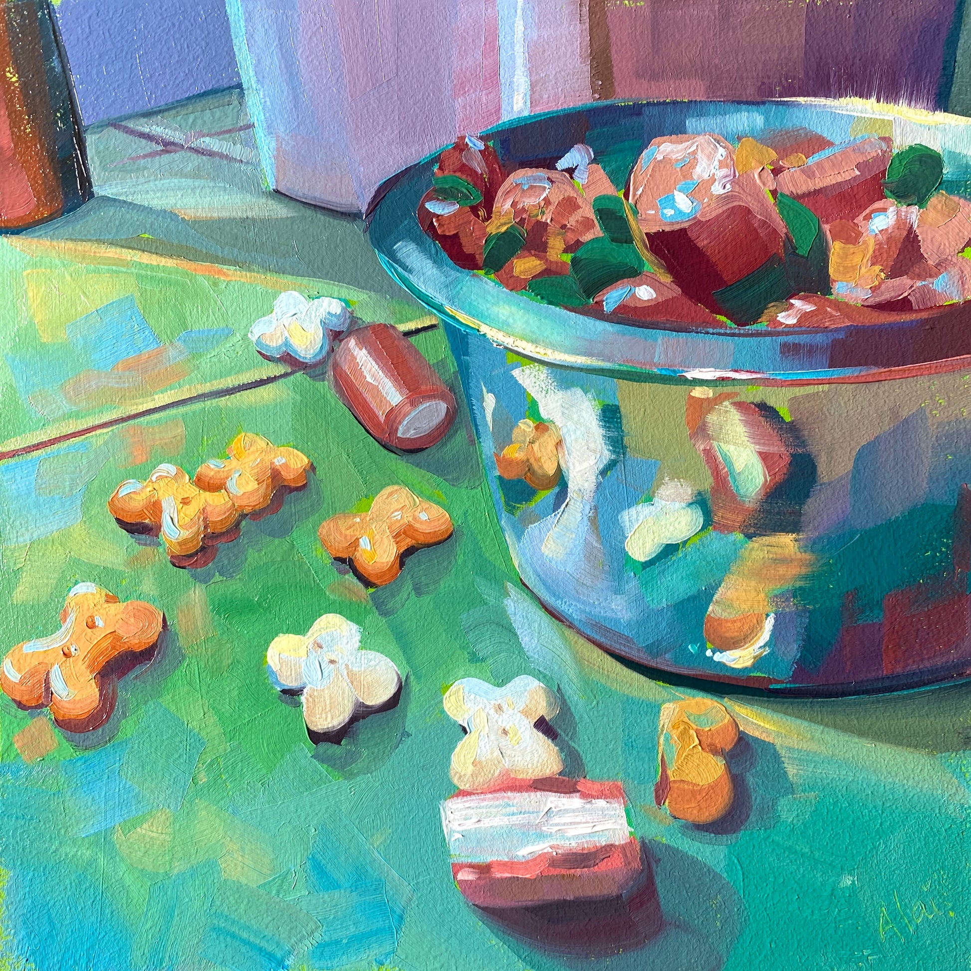 Original oil painting by Alai Ganuza titled "Dog food and cookies". A blue metallic bowl filled with dog kibble next to scattered bone-shaped treats and a layered biscuit on a vibrant green and teal surface.
