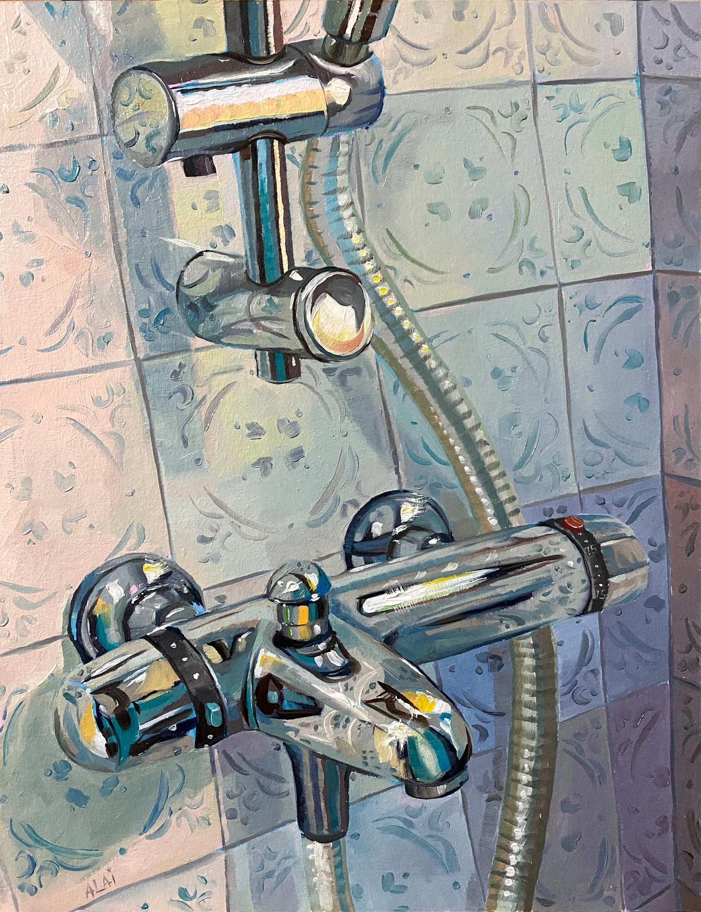 Pintura al óleo del grifo del baño