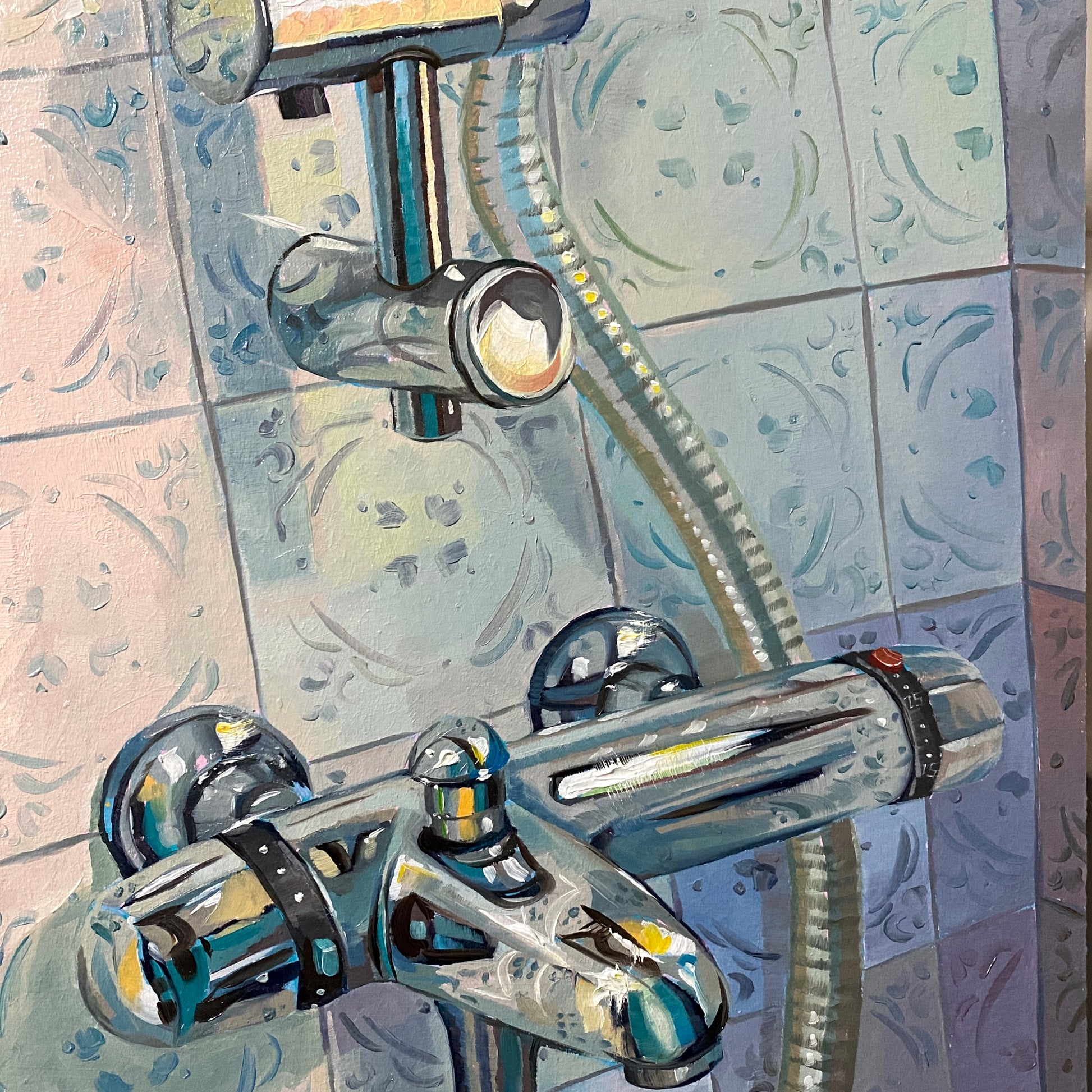 Original oil painting by Alai Ganuza titled "Bathroom faucet". A metallic chrome faucet fixture rendered in thick impasto with vibrant teal, yellow, and cyan reflections, set against a patterned lavender and pale blue tile background.