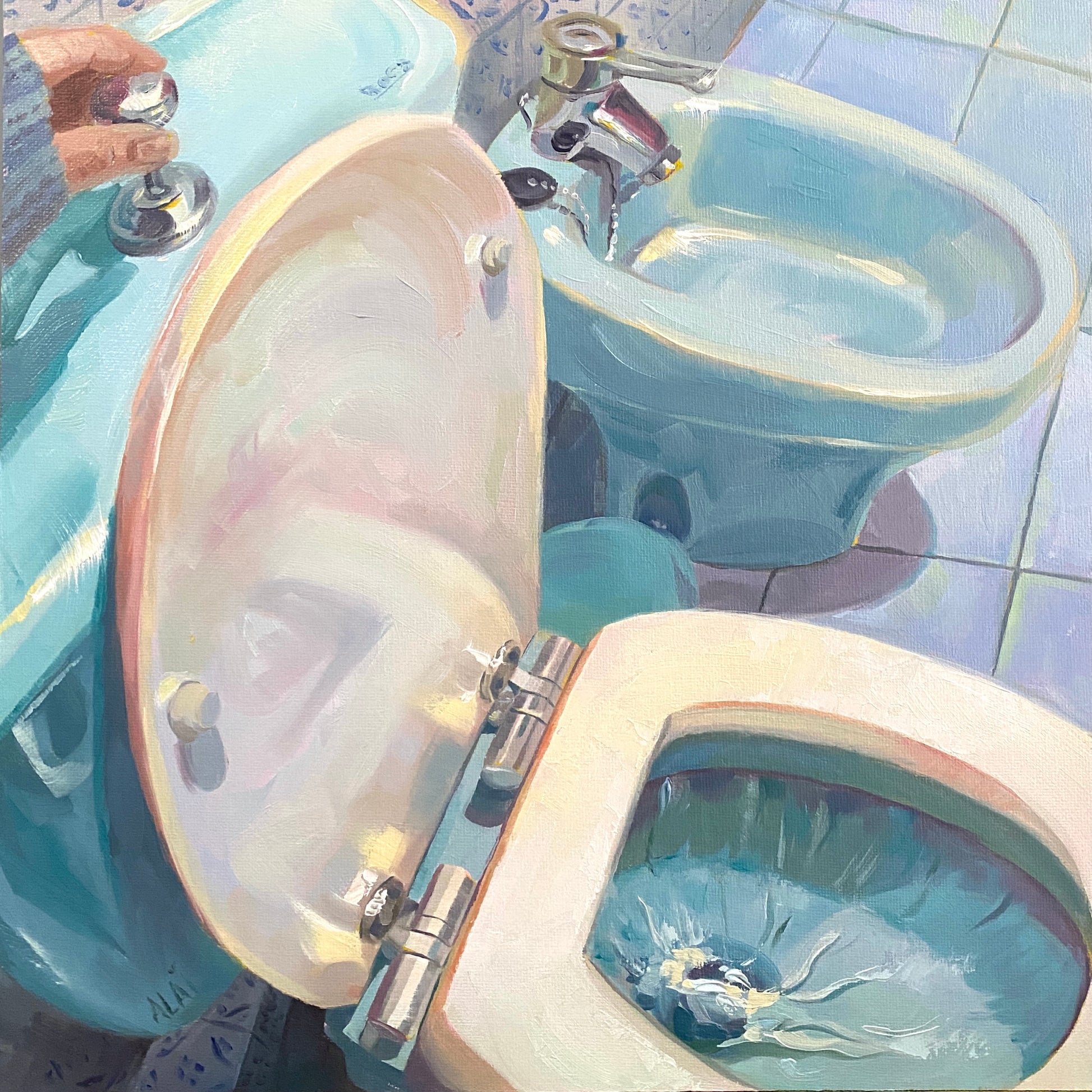 Original oil painting by Alai Ganuza titled "2020". A bathroom scene featuring an open toilet with swirling blue water and a teal bidet in the background, rendered in thick impasto with pink and lavender highlights.