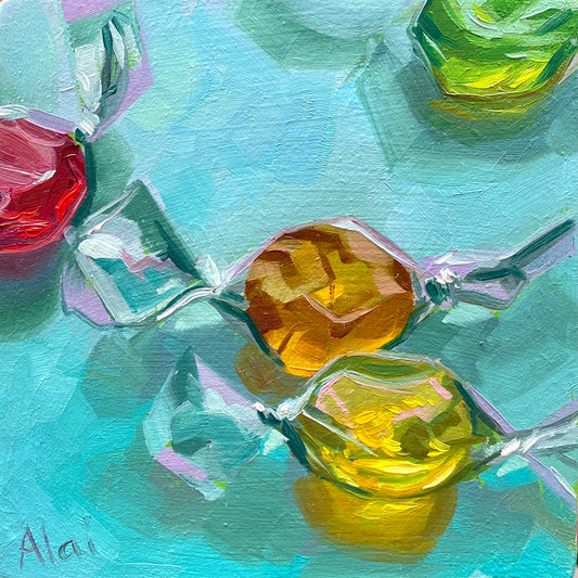 Original oil painting by Alai Ganuza titled "Candies". Several hard candies in translucent wrappers—red, yellow, orange, and green—rendered in thick impasto on a vibrant teal surface.