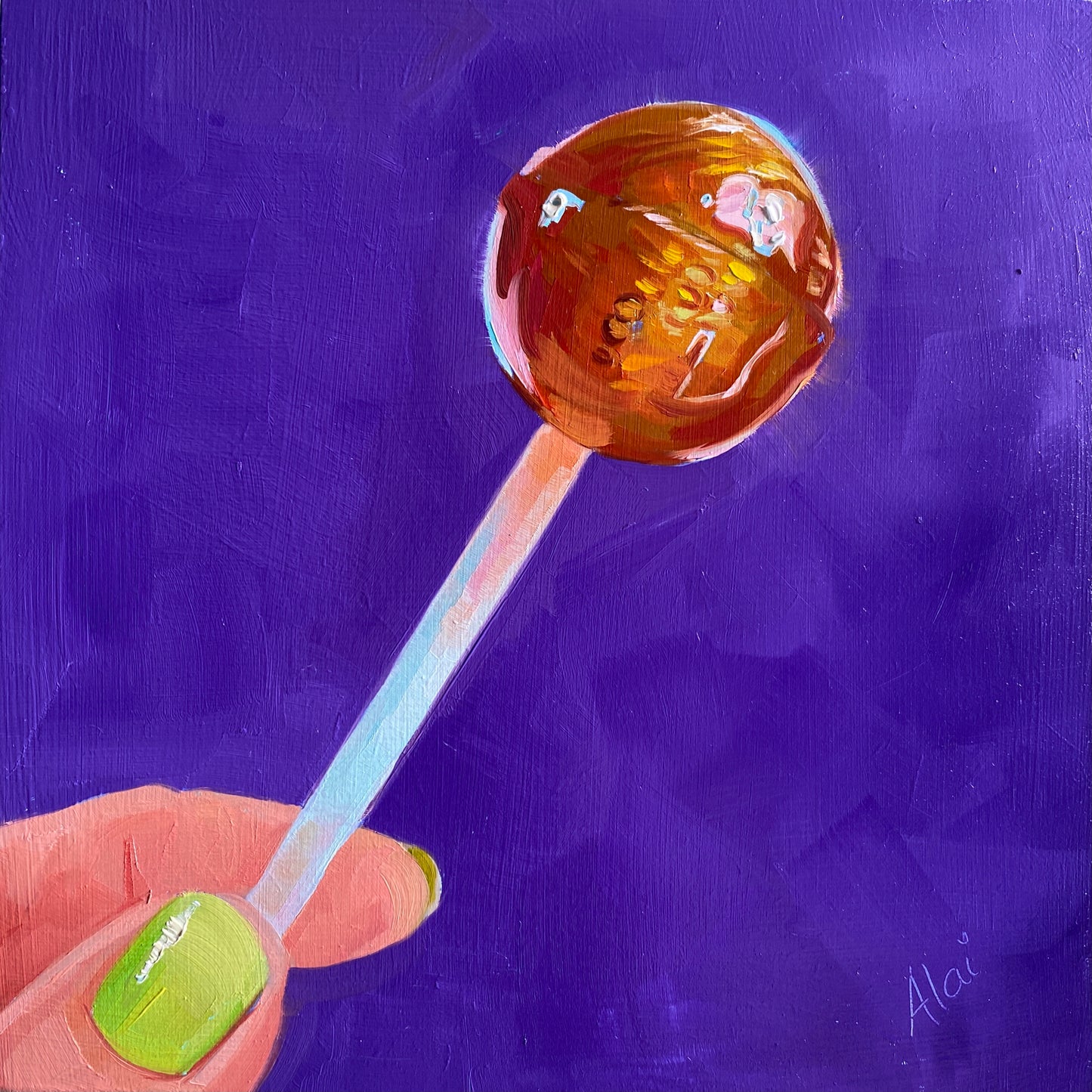 Original oil painting by Alai Ganuza titled "Lollipop". A translucent orange lollipop on a white stick held by a hand with a bright green fingernail, rendered in thick impasto against a deep purple background.
