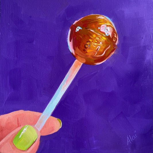 Original oil painting by Alai Ganuza titled "Lollipop". A translucent orange lollipop on a white stick held by a hand with a bright green fingernail, rendered in thick impasto against a deep purple background.