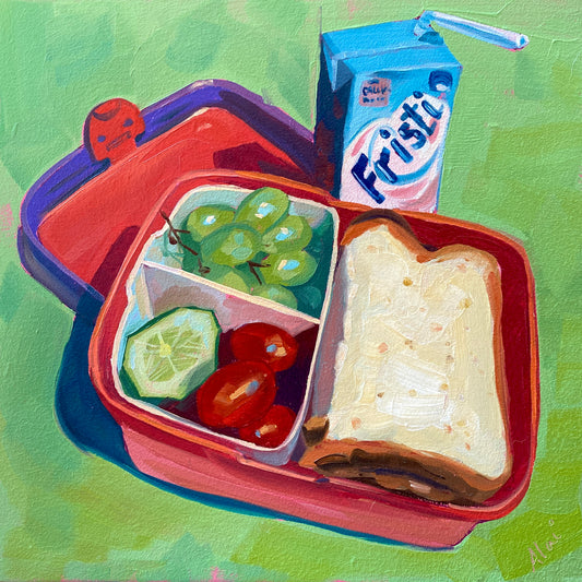 Original oil painting by Alai Ganuza titled "Lunch box". A red lunch box containing green grapes, a cucumber slice, cherry tomatoes, and white bread, resting next to a blue Fristi juice box on a vibrant green background.