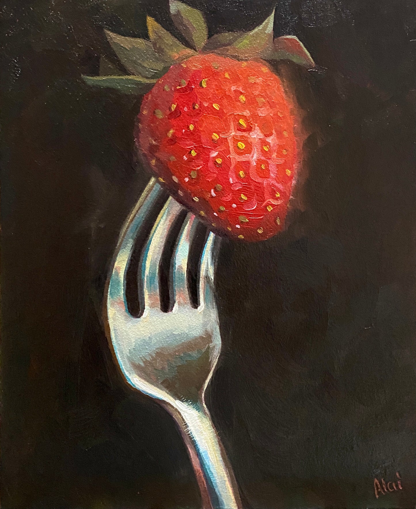 Fresa en un tenedor Pintura al óleo