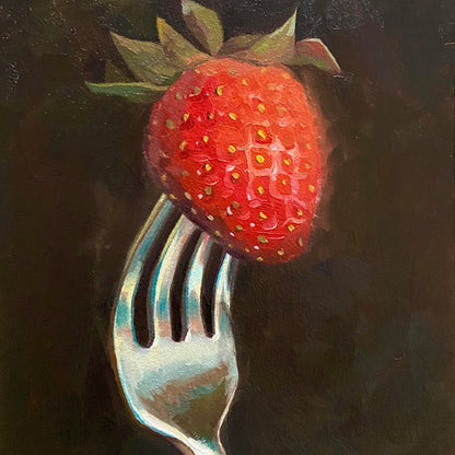 Original oil painting by Alai Ganuza titled "Strawberry in a fork". A bright red strawberry pierced by the tines of a metallic fork, rendered in thick impasto with vibrant cyan and white highlights against a dark, moody background.