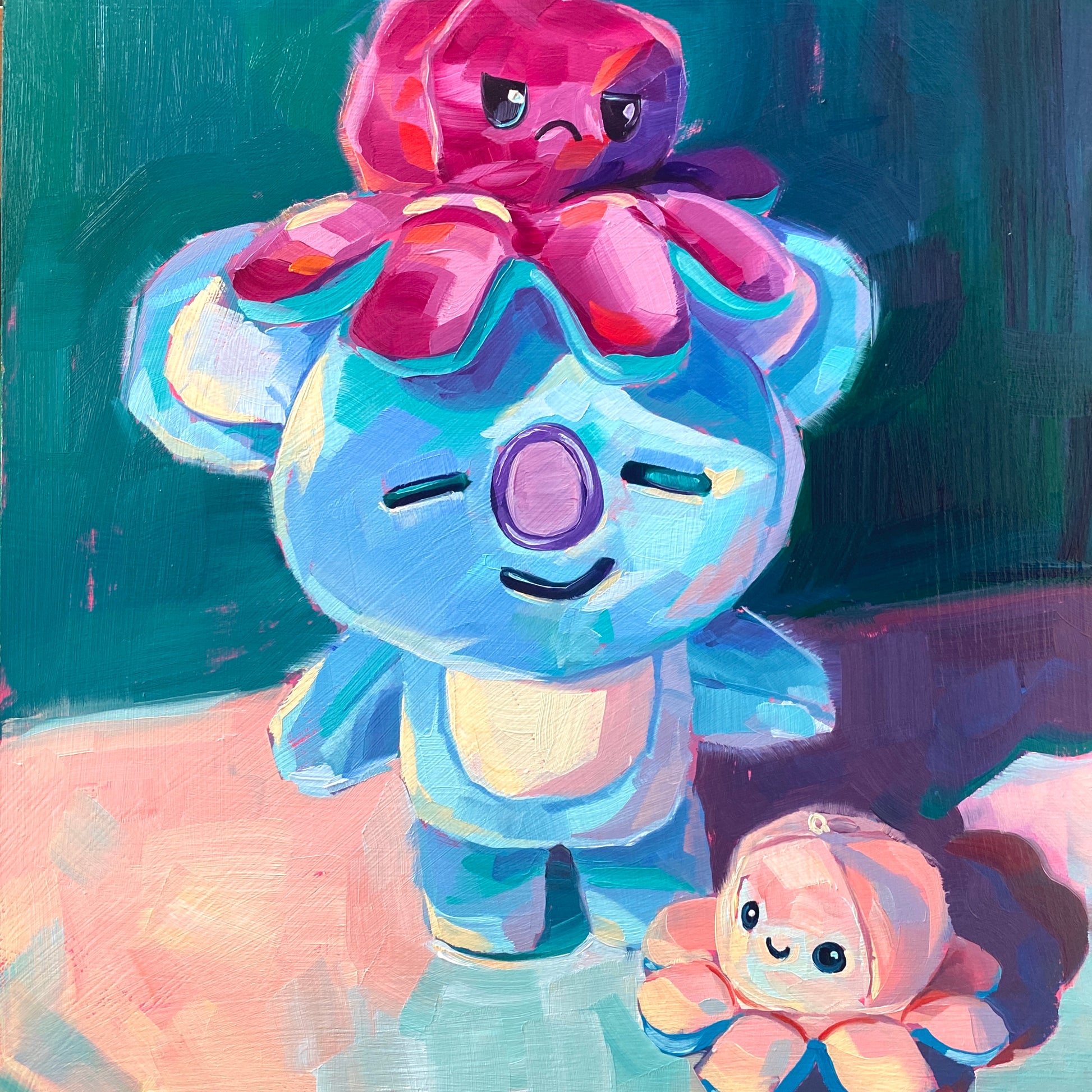 Original oil painting by Alai Ganuza titled "Koya and octopus". A blue Koya koala plushie with a grumpy magenta octopus on its head and a smiling pink octopus in the foreground, rendered in thick impasto against a deep teal background.