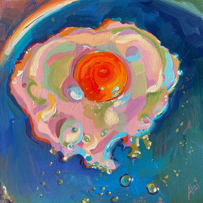 Original oil painting by Alai Ganuza titled "Rainbow egg". A fried egg with a vibrant orange yolk and multi-colored whites featuring pink, purple, and teal tones, sizzling in a deep blue pan with golden bubbles and a rainbow light arc.
