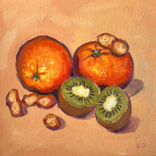 Original oil painting by Alai Ganuza titled "Oranges, kiwis and peanuts". Two whole oranges, a halved kiwi with a bright green interior, and several peanuts in shells rendered in thick impasto on a warm, textured ochre background.