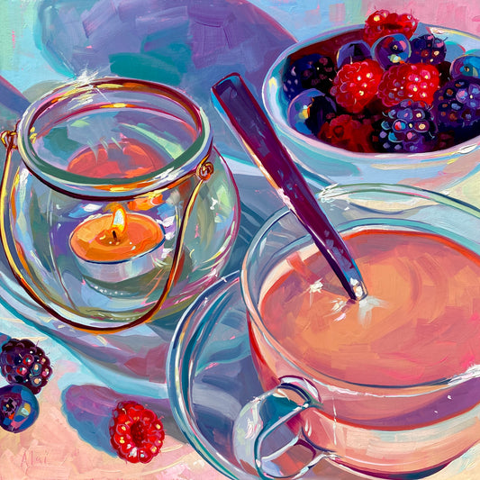 Cuenco de vela, café y frutos rojos - Impresión de pintura al óleo