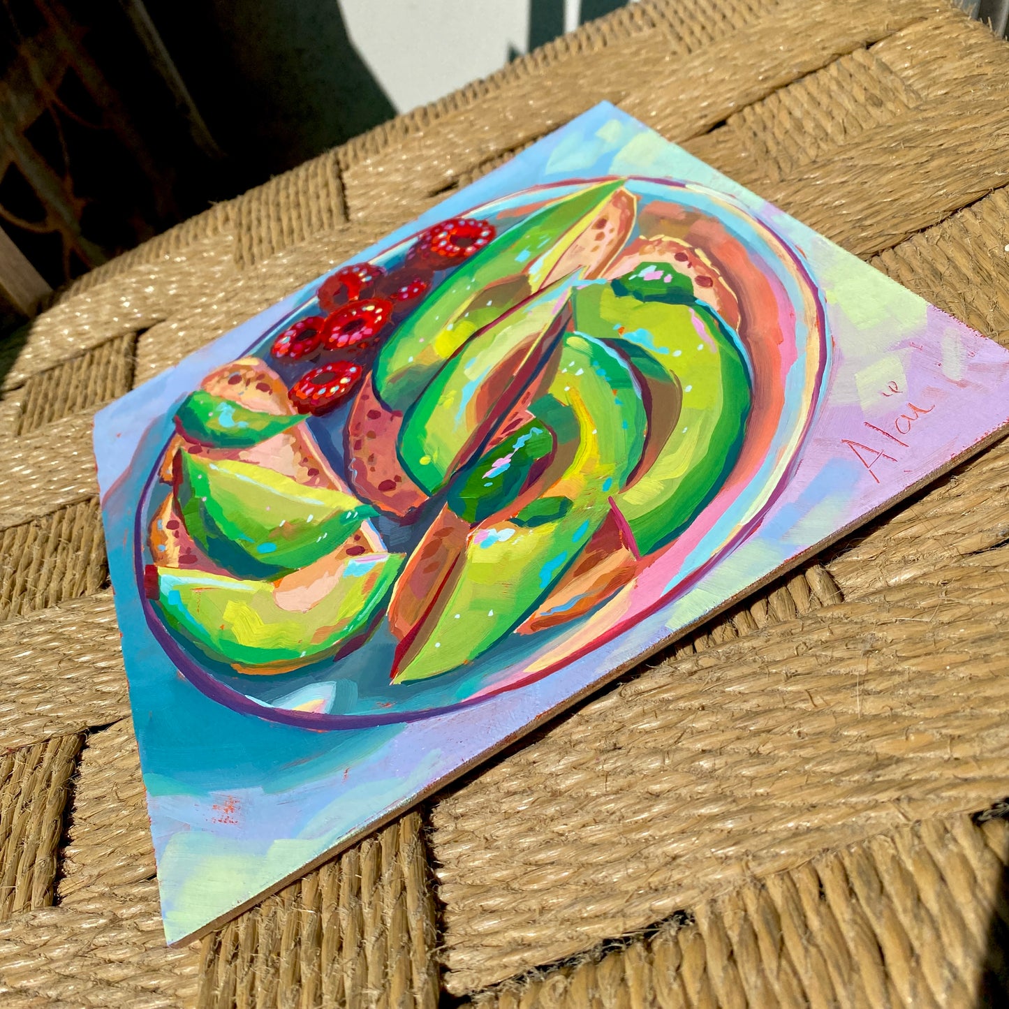 Avocado Slices and Raspberries - Original Oil Painting - Food Art - 8 inches