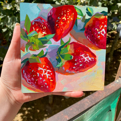 Five Strawberries - Original Oil Painting - Fruit Art - 6 inches