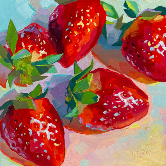 Original oil painting by Alai Ganuza titled "Five strawberries". Five bright red strawberries with green leaves casting colorful shadows on a textured pastel background of blues, pinks, and yellows, with hints of a gold underpainting peeking through.