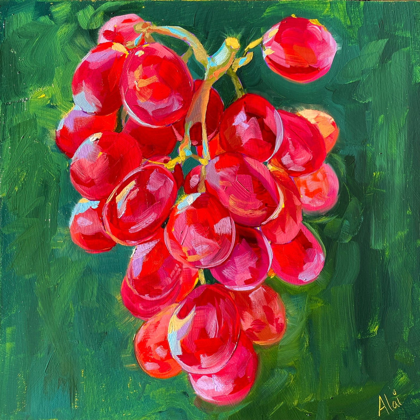 Original oil painting by Alai Ganuza titled "Grapes". A cluster of ripe red grapes with vibrant light blue and pink highlights, rendered in thick impasto on a textured green background.