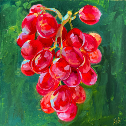 Original oil painting by Alai Ganuza titled "Grapes". A cluster of ripe red grapes with vibrant light blue and pink highlights, rendered in thick impasto on a textured green background.